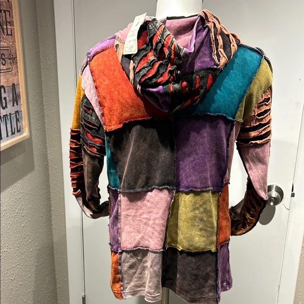 Vibrant Patchwork Hooded Jacket with Purple and Orange Accents - Picture 5 of 9